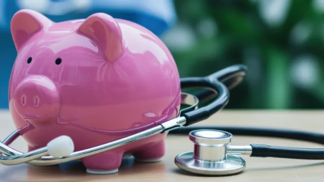 Piggy bank with a stethoscope around it