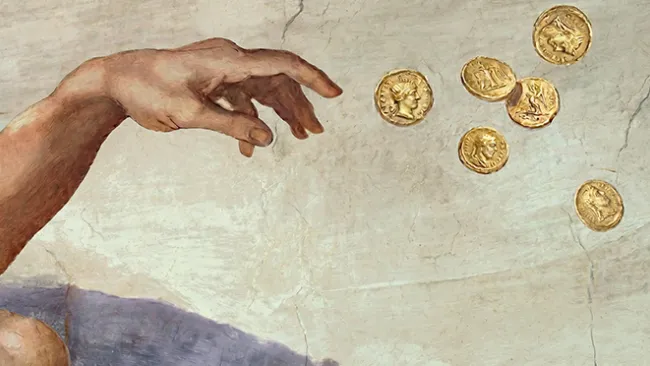 Painting of a hand reaching for gold coins