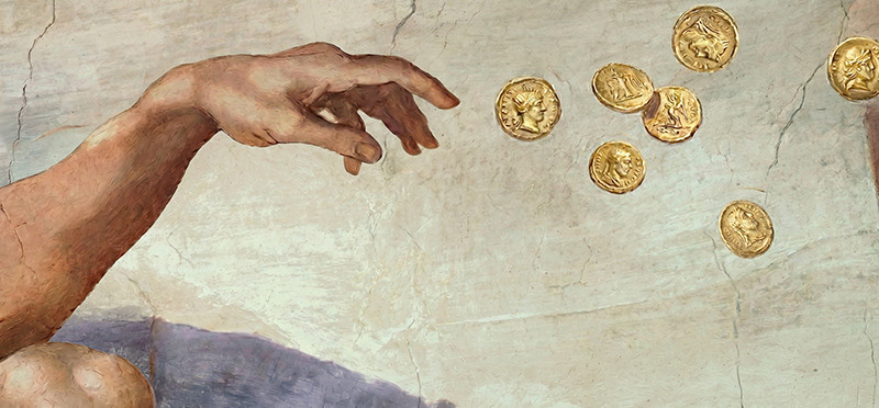 Painting of a hand reaching for gold coins